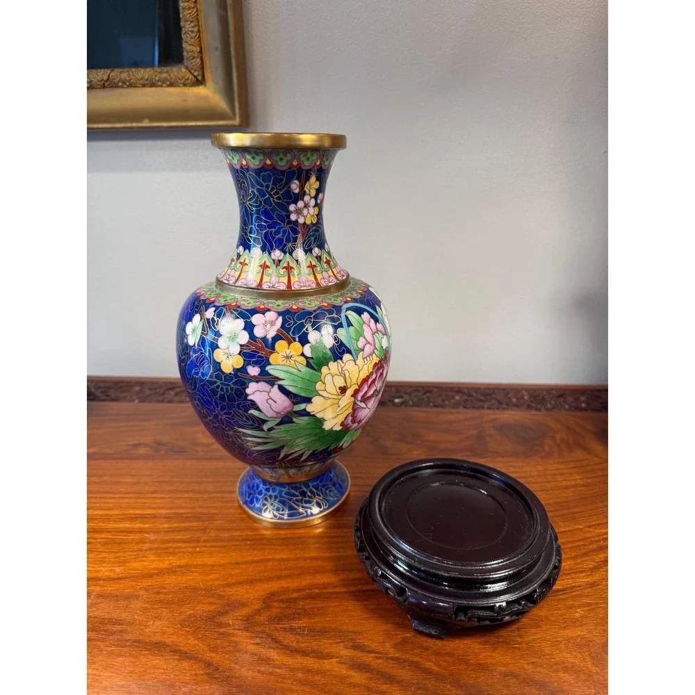 Vintage Cloisonné Vase with Carved Wood Stand